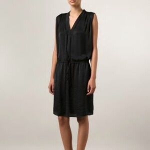 VINCE Elegant Silky Shirred Black Tie Dress Split Neck Pleated Size Medium